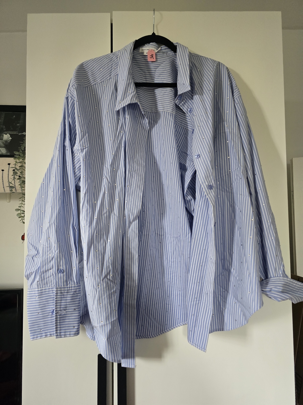 Good American Blue and White Pinstripe Rhinestone Button-Down Shirt